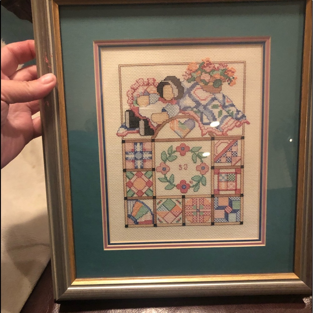 Framed & Matted Cross Stich Picture Doll Flowers Heart Squares 11 3/4x15